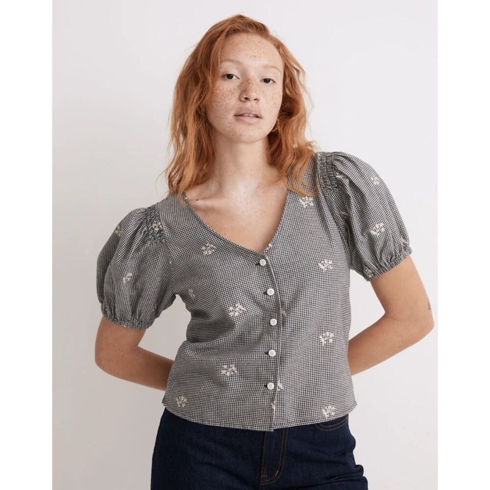 Madewell Embroidered Flannel Bubble-Sleeve Crop Shirt